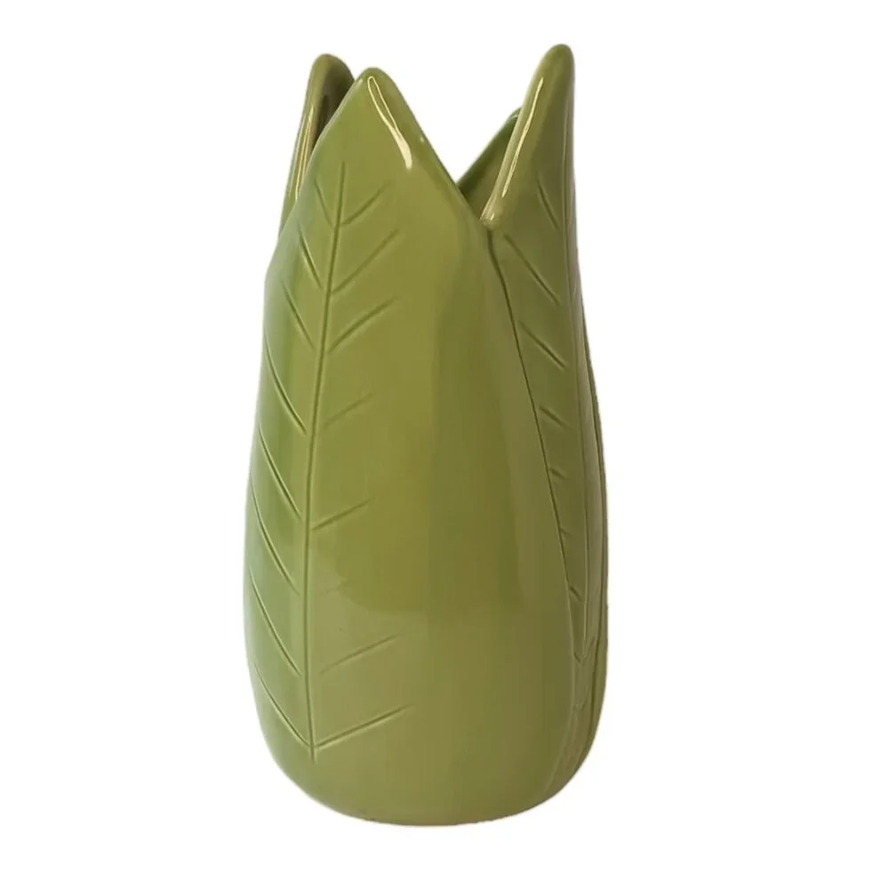 Pottery Barn Green Banana Leaf Vase Tropical Jungle 9